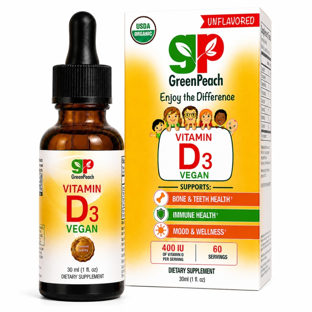 GreenPeach Liquid Vegan Organic Vitamin D 400 till 1600 IE - D3 droppar för småbarn, barn, baby och spädbarn, vitamin D baby droppar, naturliga, 60 portioner