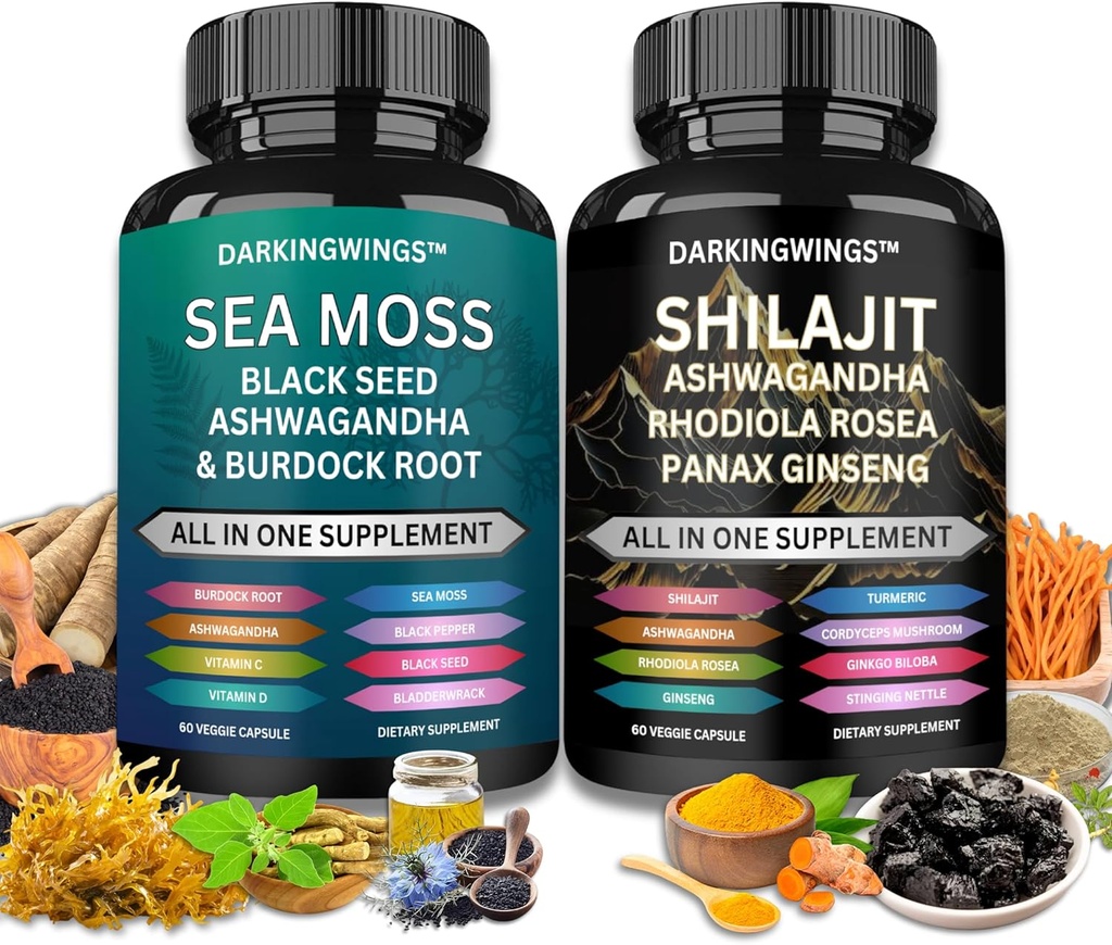 Shilajit och sea moss combo -Sea Moss 3000mg, Black Seed Oil 2000mg, Ashwagandha 2000mg, Shilajit 9000mg, Rhodiola Rosea1000mg, Panax Ginseng1500mg | havsmoss och shilajit bunt, allt i ett tillägg
