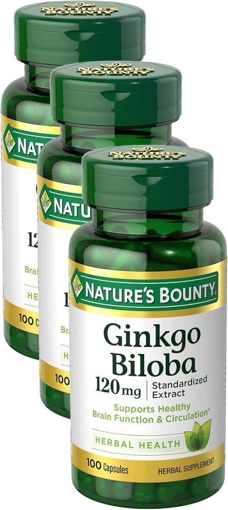 Naturens Bounty Ginkgo Biloba Capsules 120mg, Memory Support Supplement, Stöder Brain Function och Mental Alertness, 100 kapslar (Pack of 3)