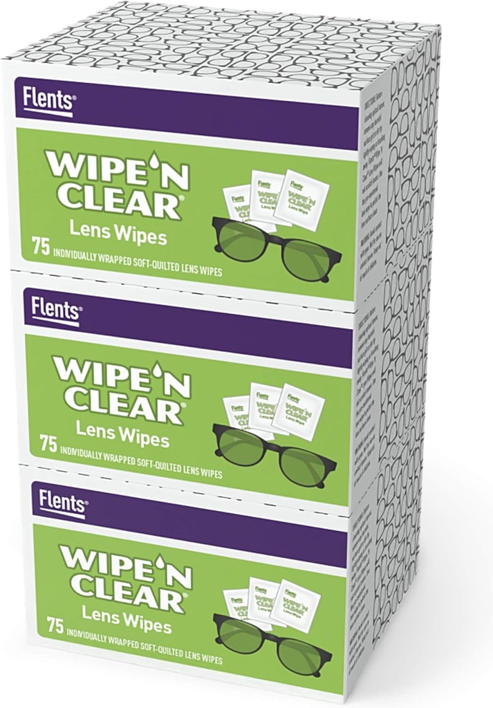 Flents Eyeglass renare linser - 225 greve (3 lådor av 75) Individuellt inslagna prefuktad rengöringskläder Anti-Streak för glasögon, solglasögon, telefonskärmar, datormonitorer