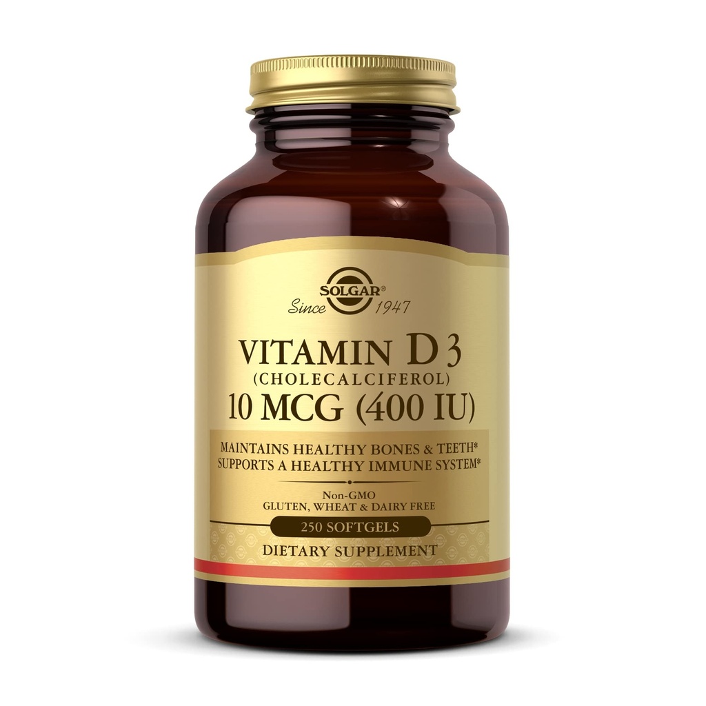 Solgar Vitamin D3 (Cholecalciferol) 10 mcg (400 IE) - 250 Softgels - Hjälper till att upprätthålla hälsosamma ben och tänder - Immunsystemsupport - Icke-GMO, Gluten Free, Dairy Free - 250 portioner
