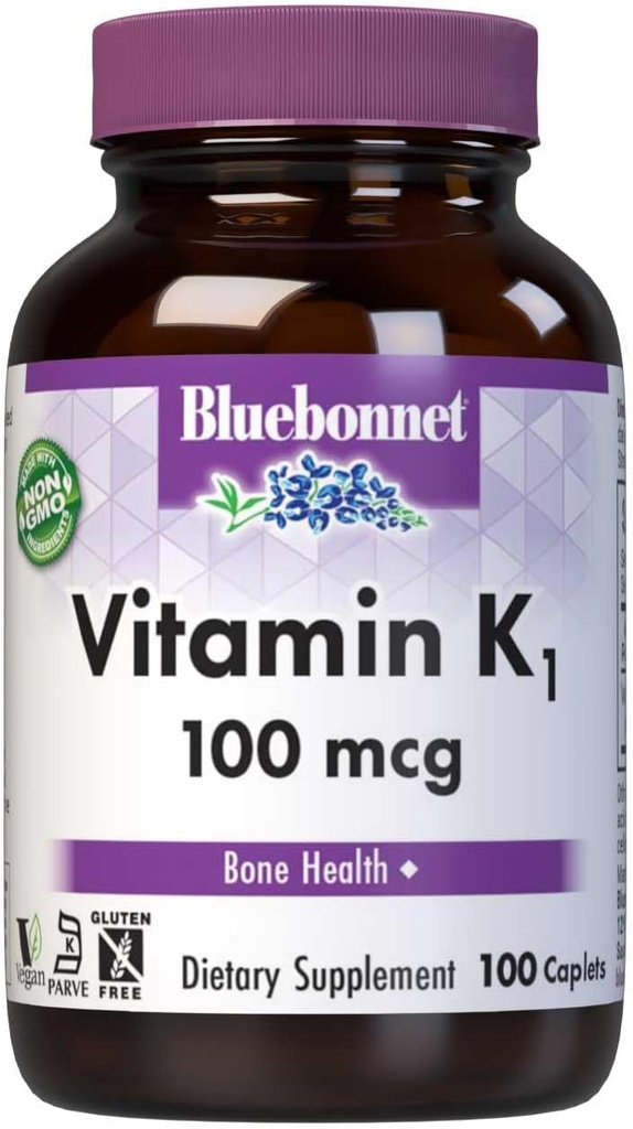 Bluebonnet Vitamin K1 100 mcg stöder benhälsa - Phylloquinone Crystalline Vitamin K Supplement - Non-GMO, Kosher Certified, Gluten-Free, Dairy-Free - 100 Vegan Caplets