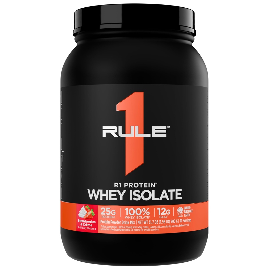 Regel 1 R1 Protein Whey Isolate - med 25g Protein & 6g BCAA exklusivt från Isolated & Hydrolyserade källor för träningsåterhämtning (2 pund *, jordgubbar & Crème)