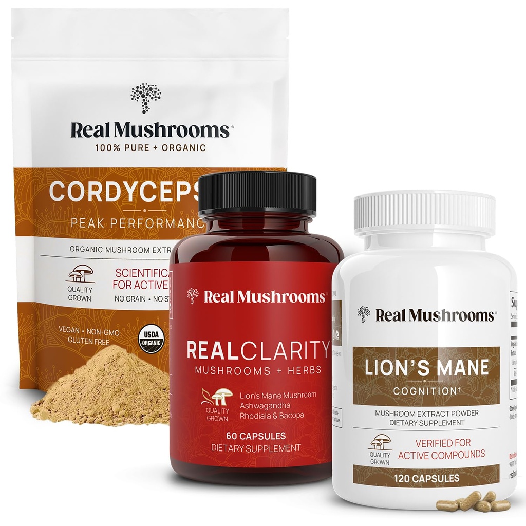 Real Mushrooms RealClarity (60ct) & Lions Mane (120ct) Capsules w/Cordyceps Powder Bundle - Mushroom Supplement för mental klarhet, fokus, kognition, energi och vitalitet - Vegan, icke-GMO