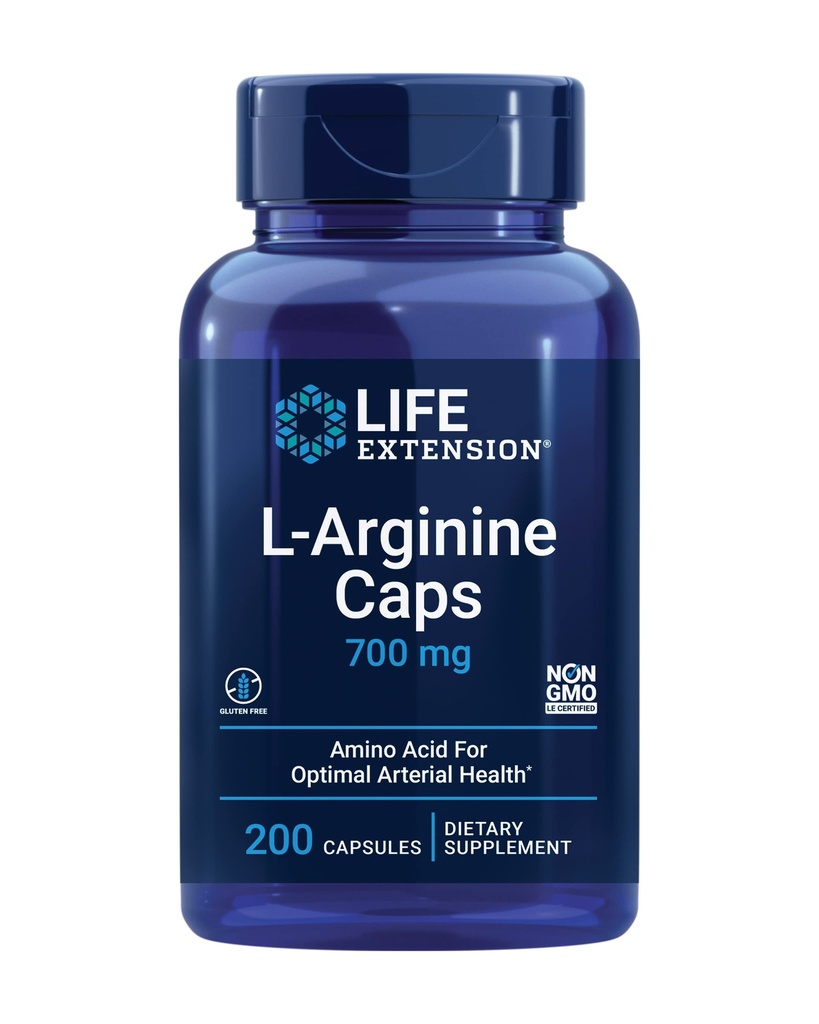 Life Extension L-Arginine Caps, 700 mg, Vitamin C & Aminosyra för optimal arteriell hälsa, stöder hjärt- och immunhälsa, hälsosam Tissue & Bones, Gluten Free, Non-GMO, 200 kapslar