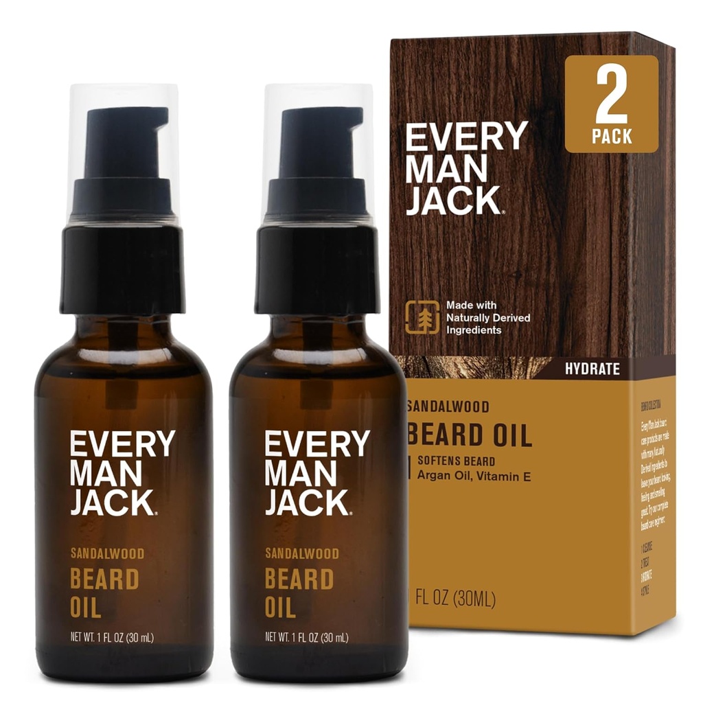 Varje man Jack Sandalwood Beard Oil - Moisturize & Soften Your Beard - Relieve Itch and Flakes - Tillverkad w/Naturally Derived Ingredients som Vitamin E, Argan Oil och Borage Oil - 1 uns - 2 Pack