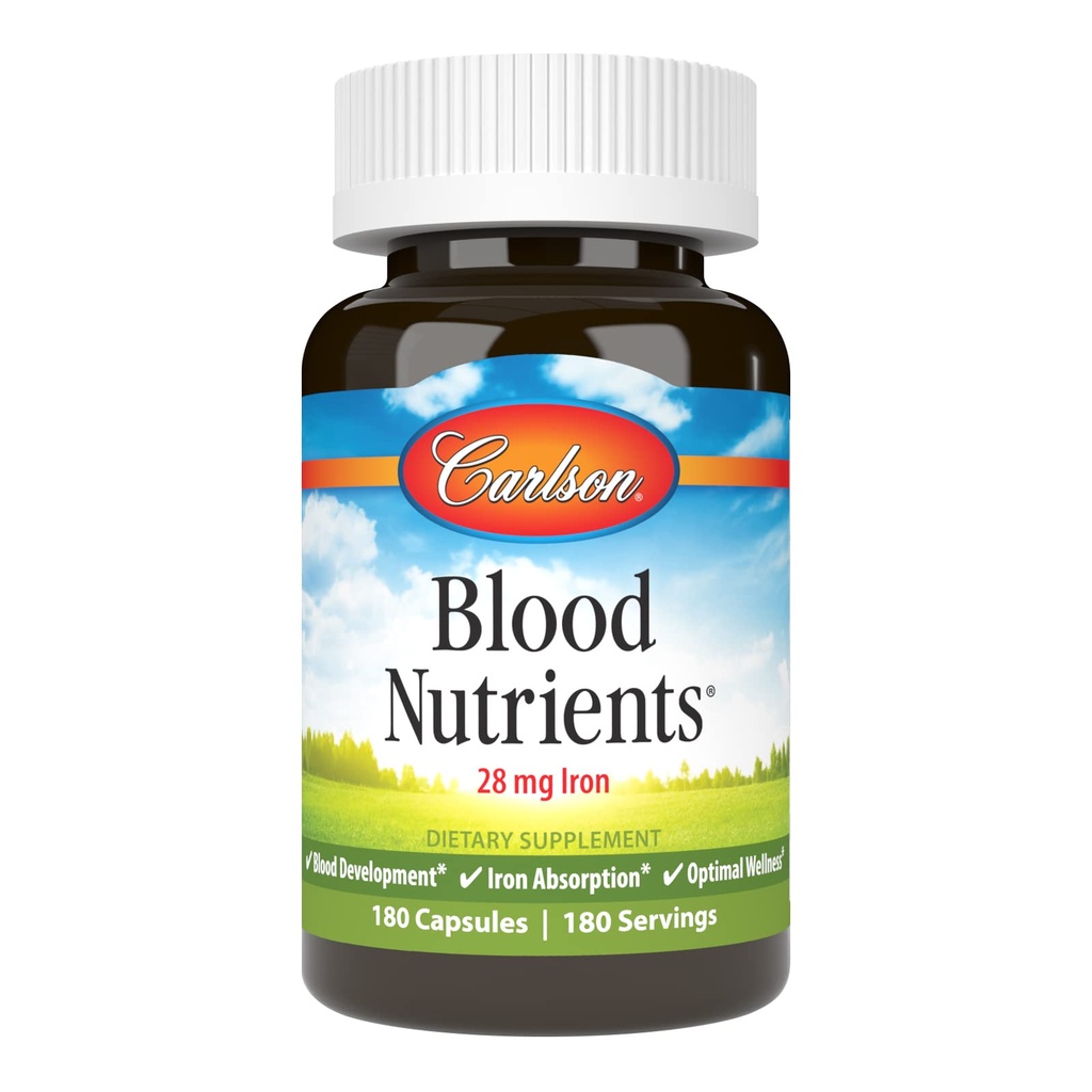 Carlson - Blodnäringsämnen, 28 mg järn, blodutveckling, järnabsorption och optimal wellness, 180 kapslar