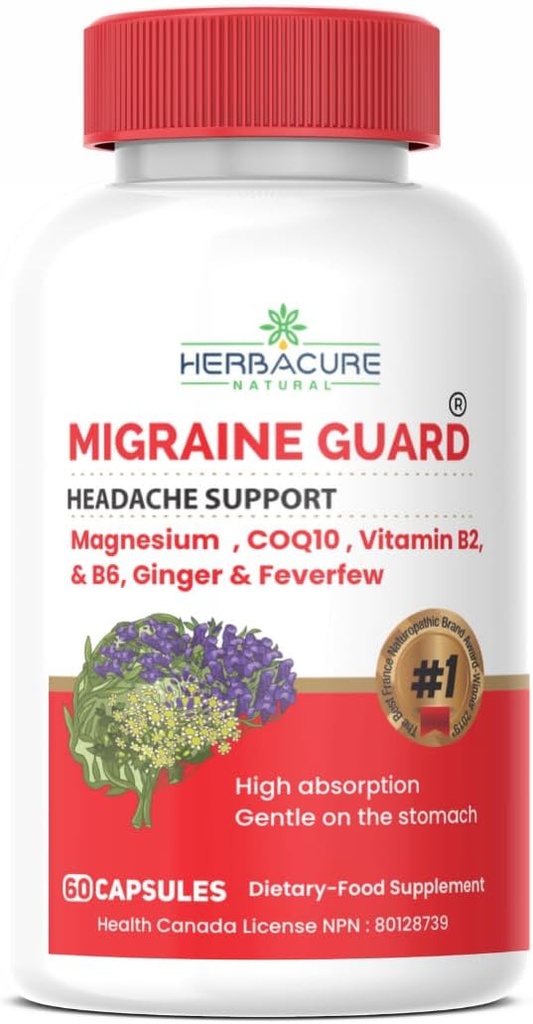 MIGRAINE Guard ® New Migraine Relief Headache Prevention, Clinically Proven COQ10, VIT B2, VIT B6, Feverfew, Magnesium GLYCINATE, Ginger, Exceptional Response under försök gjorda i Kanada