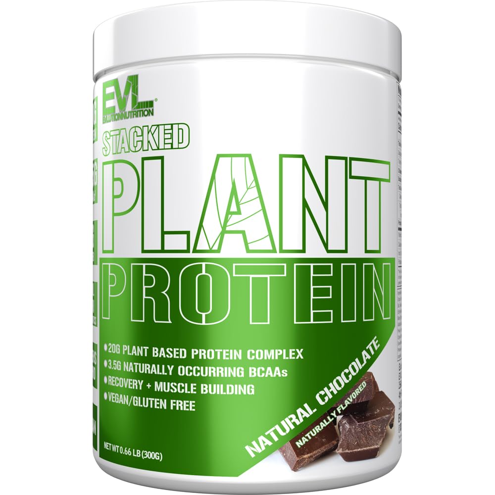 Evlution Nutrition Stacked Plant Protein Powder, Vegan, Non-GMO, Gluten-Free, Probiotika, BCAAs, Fiber, Plant-Based Protein Complex, 300G (Natural Chocolate)