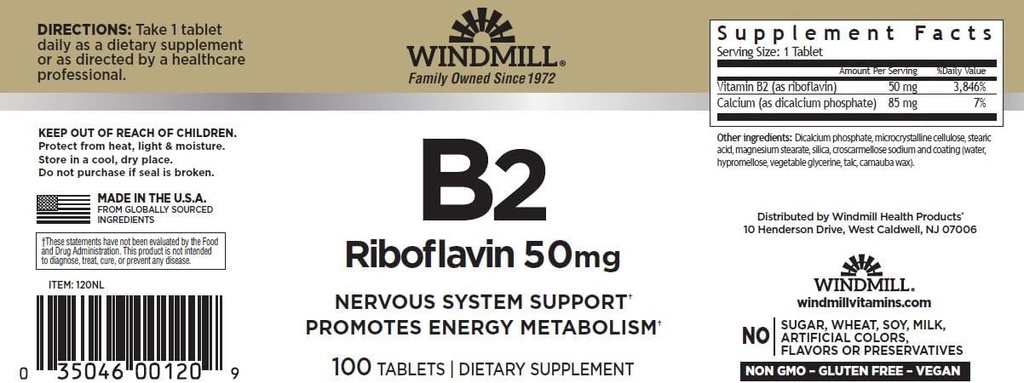 Windmill Vitamin B-2 50 mg tabletter - 100 ea (6 Pack)