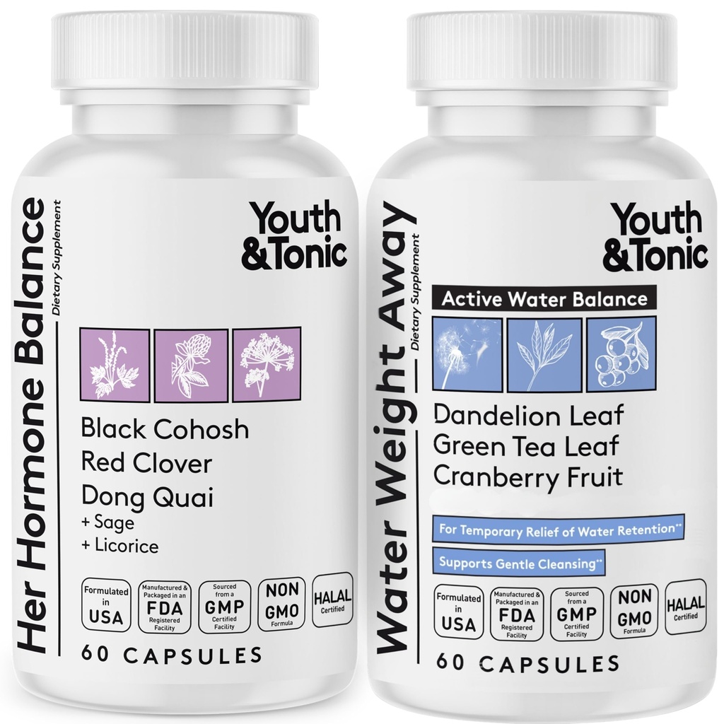 Ungdom & Tonic Women Water Weight Loss Pills för hormonförändringar och flytande lagring under PMS, klimakteriet - Svullnad, uppblåsthet och hormonbalans - 120 kapslar
