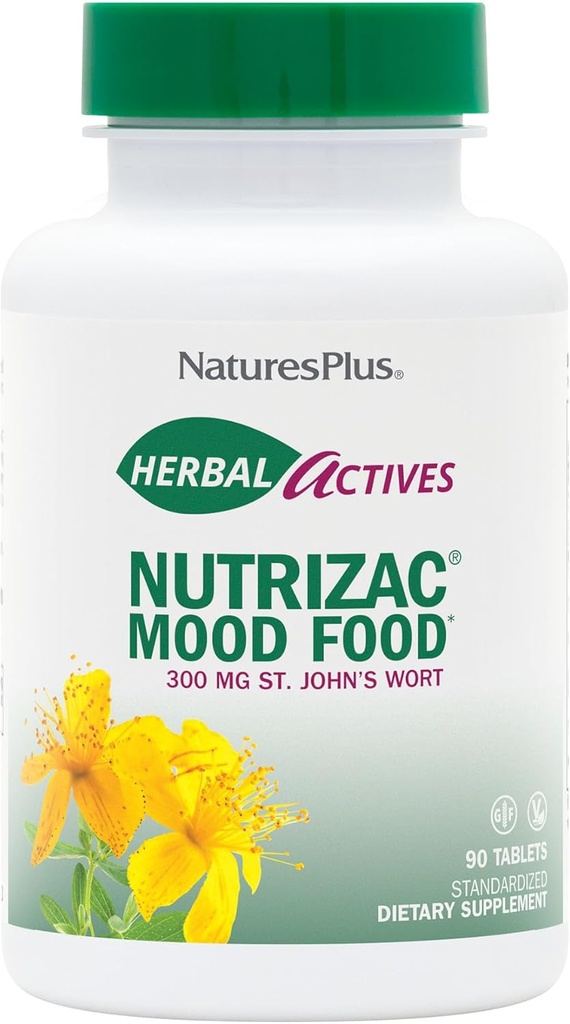 Natures Plus Herbal Actives NutriZAC Mood Food - 300 mg St Johns Wort, 90 Vegan Bi-Layered tabletter - Maximal Potency Natural Mood Booster - Vegetarian, Glutenfri - 90 portioner