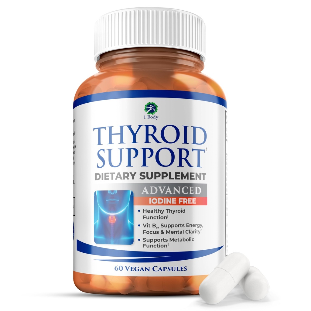 1 Body Thyroid Support Supplement, Iodine-Free, Vegan, med L-Tyrosine och Ashwagandha, 60 kapslar