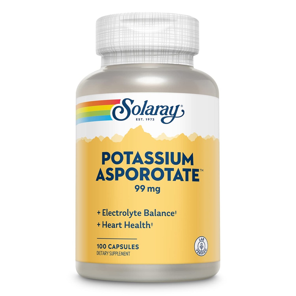 Solaray Potassium Asporotate Chelated Supplement, Electrolyte Balance & Heart Health Support, 100 portioner, 100 kapslar