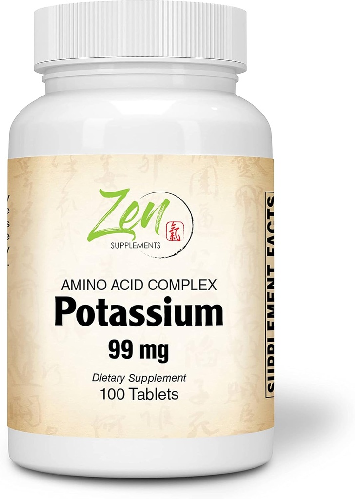 Zen Supplements - Kalium 99 mg (Amino Acid) 100-Tabs - Fluid & Electrolyte Balance Formel - Hjärta, Nerve & Muscle Function Support