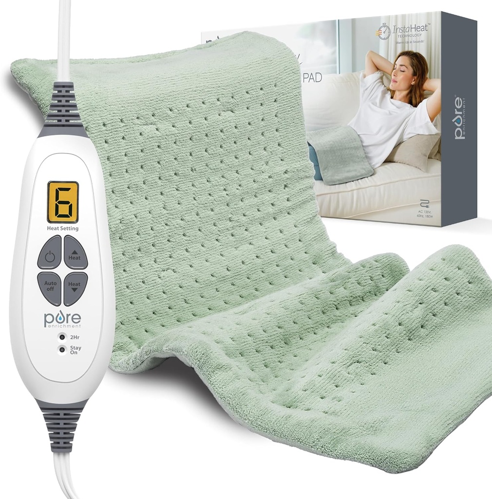 Pure Enrichment PureRelief XL Heating Pad - 12 "x 24" Electric Heating Pad for Back Pain & Cramps, 6 Heat Settings, FSA / HSA Eligible, Soft Machine Wash Fabric, Auto-Off & Moist Heat (Zen Green)