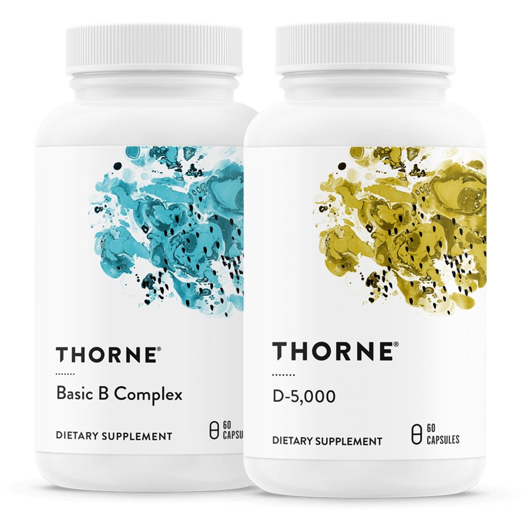 THORNE - Basic B Complex (60 kapslar) & Vitamin D-5000 (60 kapslar) Bundle - Stöder Cellular Energy Production, Brain Health & Healthy Bones - Gluten, Dairy & Soy-Free