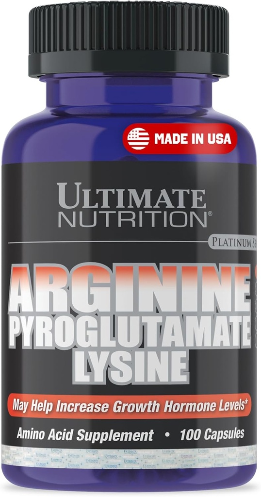 Ultimate Nutrition L-Arginine Supplements for Men & Women - Stacked Amino Acid Complex med Aginine, Pyroglutamate & Lysine - Support GH, Nitric Oxide Production & Optimal Blood Flow - 100 kapslar
