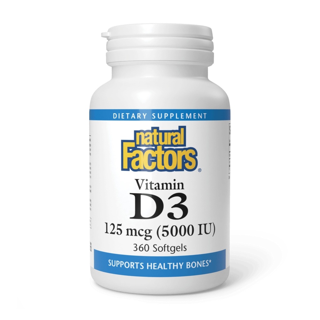 Naturliga faktorer, vitamin D3 5000 IE (125 mcg), stöder starka ben, muskler och immunfunktion, 360 Softgels