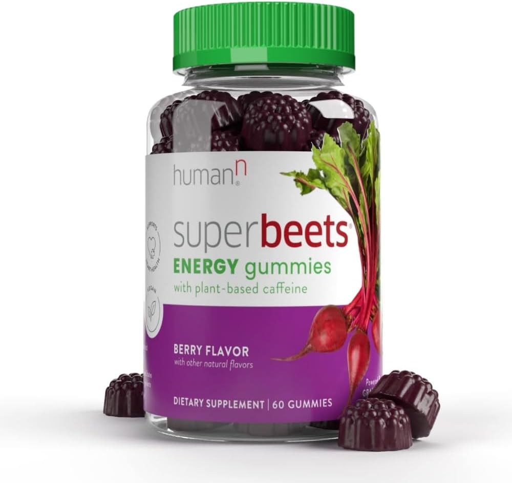 HumanN SuperBeets Energy Gummies - Snabb energi och mental fokus - Hjälp öka kväveoxid - Stöder hälsosamt blodtryck och cirkulationsstöd - Antioxidant, icke-GMO - Berry Flavor, 60 Count