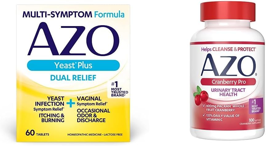 AZO Yeast Plus Dual Relief 60 Tablets, Yeast Infection & Vaginal Symptom Relief + Cranberry Pro Urinary Tract Health Supplement 600mg PACRAN, 1 Serving = More Than 1 Glass of Cranberry Juice 100 CT