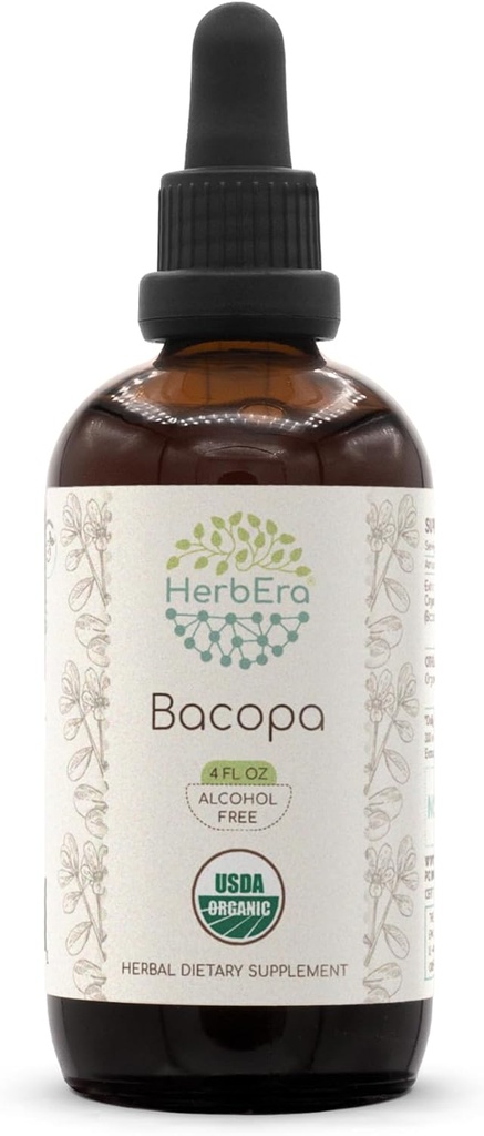 HerbEra Bacopa B120 USDA Organic Tincture | Alkoholfri extrakt, högpotens Herbal Drops, Relaxation, positiv kognitiv effekt | Certifierad organisk Bacopa (Bacopa Monnieri) Torkad Herb 4 OZ