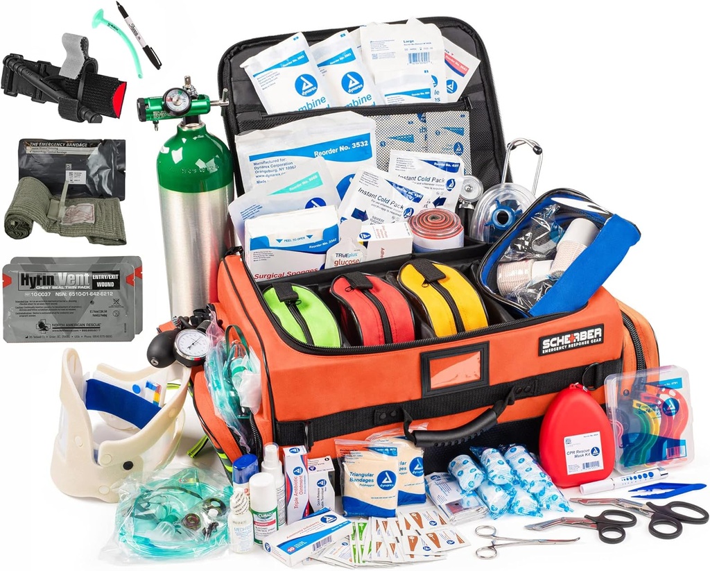 Scherber Fully-Stocked Premium First Responder Bag | HSA / FSA Godkänd | Stor Pro EMT / EMS Trauma, Bleeding & Oxygen Medical Kit | CAT Tourniquet, HyFin Chest Seal & 260 + First Aid Supplies (Orange)