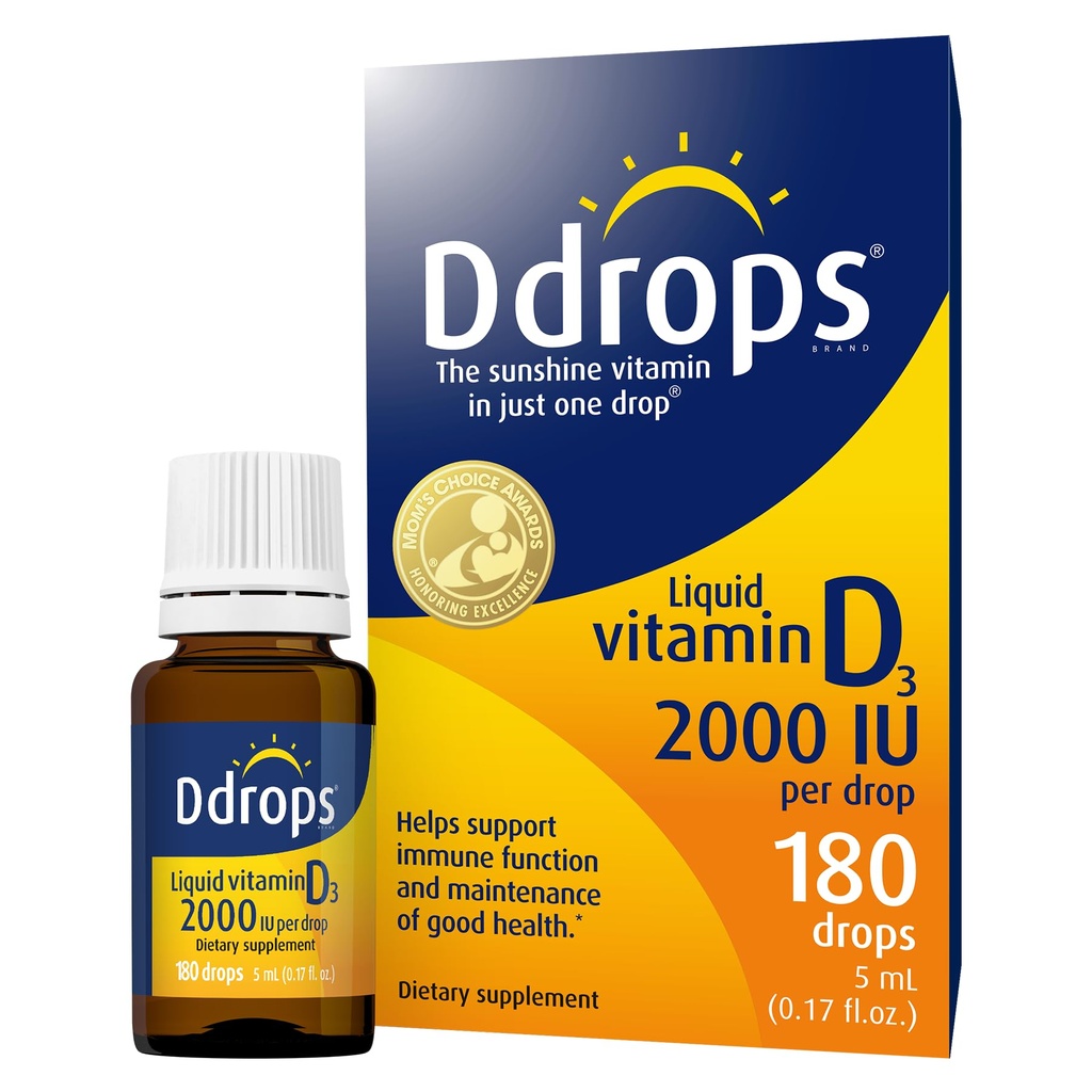 Ddrops Vuxna 2000IU 180 droppar - Liquid Vitamin D3 Supplement, Stöd för starka ben & immunsystem