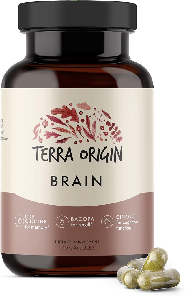 Terra Origin, Healthy Brain Supplement, Capsules, 30 Servings, med CDP Choline, Ginkgo Biloba Extract och Bacopa - för hälsosamt sinne, förbättrar minne, minns och funktion