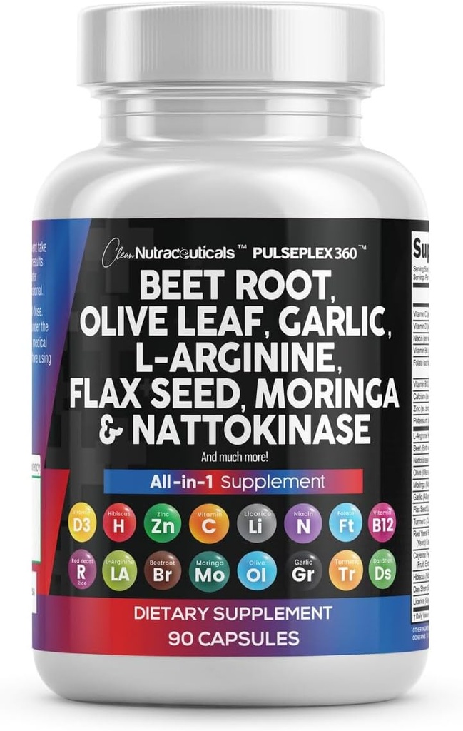 Rena Nutraceuticals Beet Root Capsules Olive Leaf Nattokinase Garlic Extract L-Arginine Omega 3 Red Yeast Rice Hibiscus Danshen - Hälsosam Support Supplement - 90 Ct
