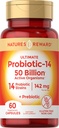 Probiotika med prebiotika - 60 kapslar - 142 mg - 50 miljarder aktiva organismer - Vegetarisk, icke-GMO & Glutenfri tillägg - av naturens belöning