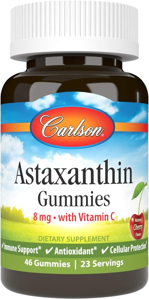 Carlson - Astaxanthin Gummies, med vitamin C, Immune Support, Antioxidant, Hjärthälsa, icke-GMO, Cherry Flavor, 46 Vegetariska Gummies