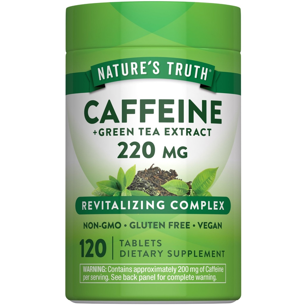 Naturens sanning koffeinpiller | 220mg | 120 greve | Med grönt te extrakt | Vegan, icke-GMO & Gluten fri tillägg