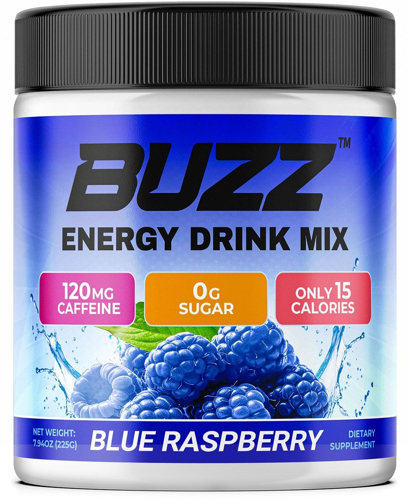 Morning Buzz Energy Drink Powder - Energy Boost Drink Mix - Sockerfri energi med antioxidanter - Morning Kickstart och Sport Nutrition Endurance Product - 30 portioner, blå hallon, 8 Ounces