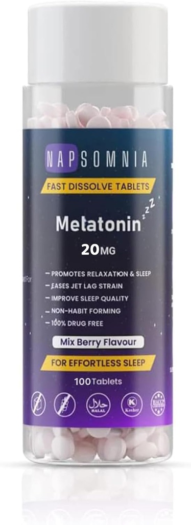 Melatonin snabbt lösa tabletter - Mix Berry Chewable Melatonin tabletter - Non-Habit-Forming Melatonin Sleep Aid för vuxna - Sugar Gratis Melatonin tabletter för Restful Sleep | 20 MG (100)