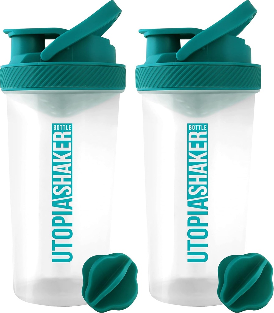 Utopia Home Protein Shaker Bottle - (Pack of 2) 28-Ounce Shaker flaskor för proteinblandningar - Fitness Sports Classic Protein Mixer Shaker Bottle (Clear / Teal)