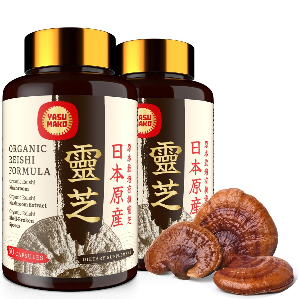 Japanska Reishi Mushroom Supplement 800mg med Reishi Mushroom Extract 500mg & Shell-Broken Spores 200mg,Organic Mushroom kapslar för immunsystem - Real Fruiting Body (Pack of 2)