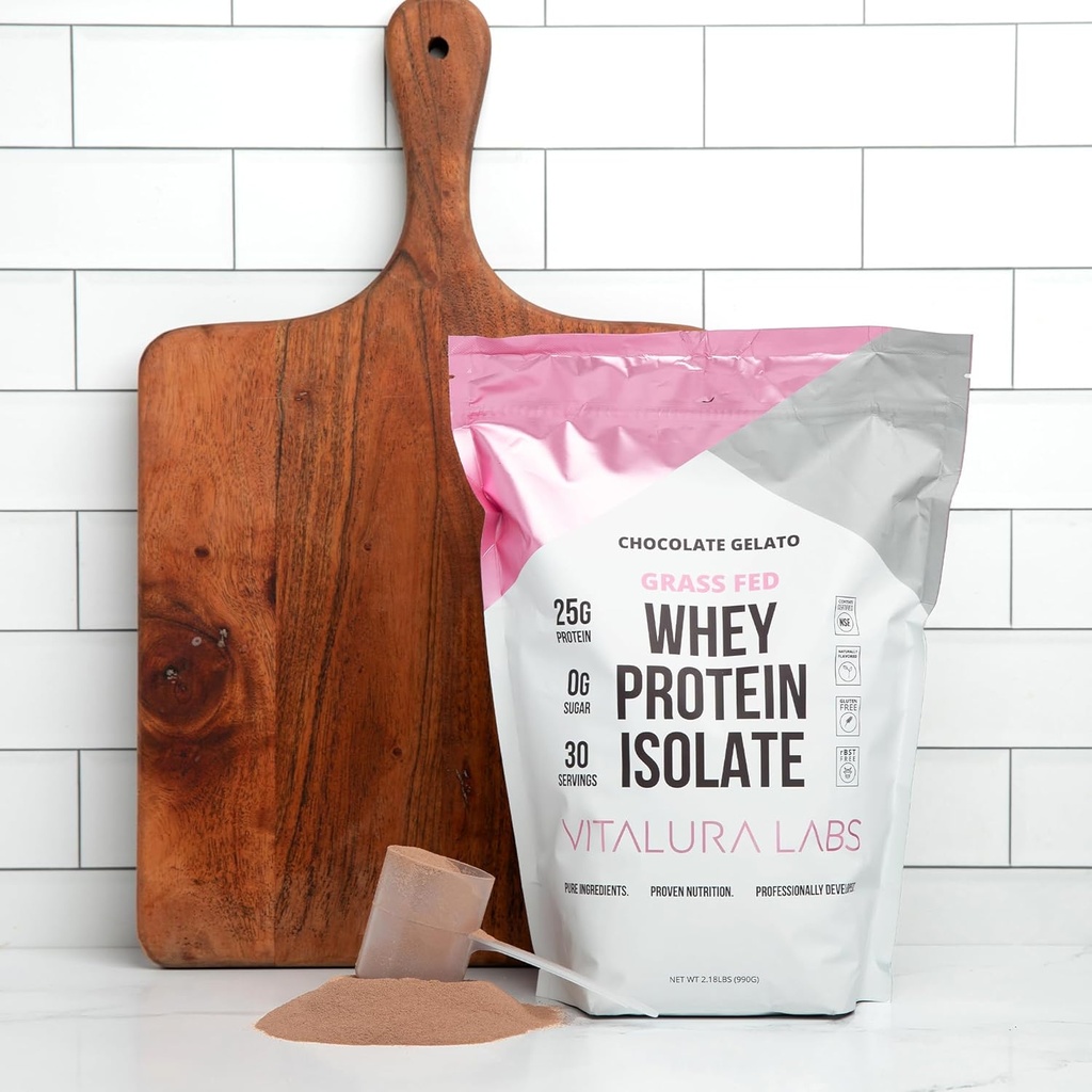 Vitalura Labs Grass-Fed Whey Protein Isolate - Protein 25g (DV 50%) Per Serving - 100% Whey Isolate - NSF Content Certified - Chocolate Gelato Flavored - No Fillers - Easy Digesting - 30 Servings