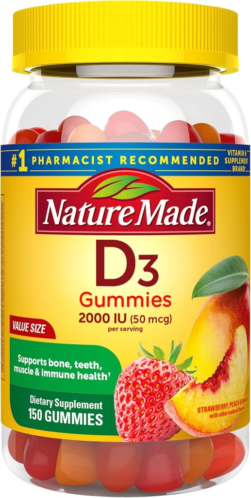 Nature Made Vitamin D3, 150 Gummies, vitamin D 2000 IE (50 mcg), D-vitamin för vuxna hjälper till att stödja immunhälsa, starka ben och tänder och muskelfunktion, 250% av det dagliga värdet för vitamin D