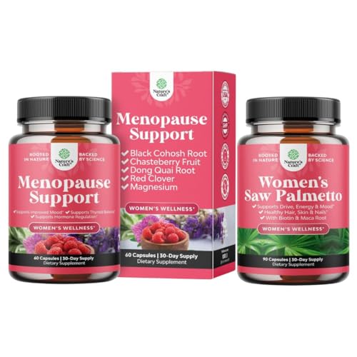 Bundle of Menopause Supplement for Night Sweats, Hot Flashes & Mood Swings med Dong Quai, Chaste Berry & Black Cohosh Root och Saw Palmetto för kvinnor 500mg DHT Blocker med Maca Root & Biotin