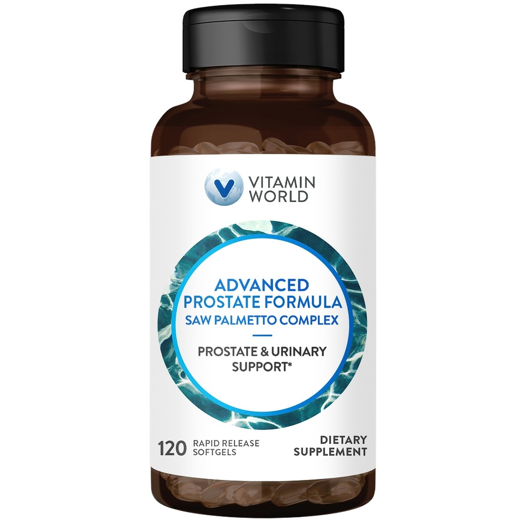 Vitamin World Advanced Prostate Formel Saw Palmetto Complex 120 Softgels, stöder prostata hälsa, urinhälsa, snabb frisättning, glutenfri