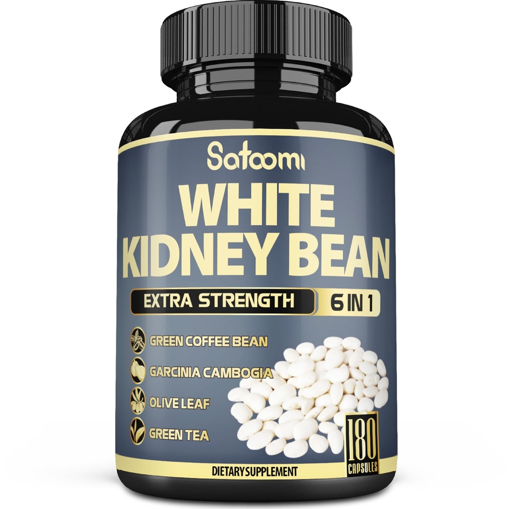 Satoomi 6in1 White Kidney Bean Extract Capsules - 6 Month Supply - Extra Blend with Olive Leaf, Green Coffee Bean & Green Tea - 180 Counts