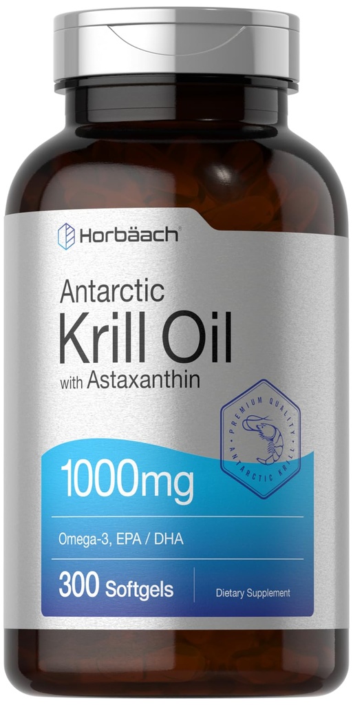 Horbäach Antarctic Krill Oil 1000mg Softgels | 300 greve | Omega 3-tillskott med Astaxanthin, EPA, DHA | Non-GMO, Gluten Free