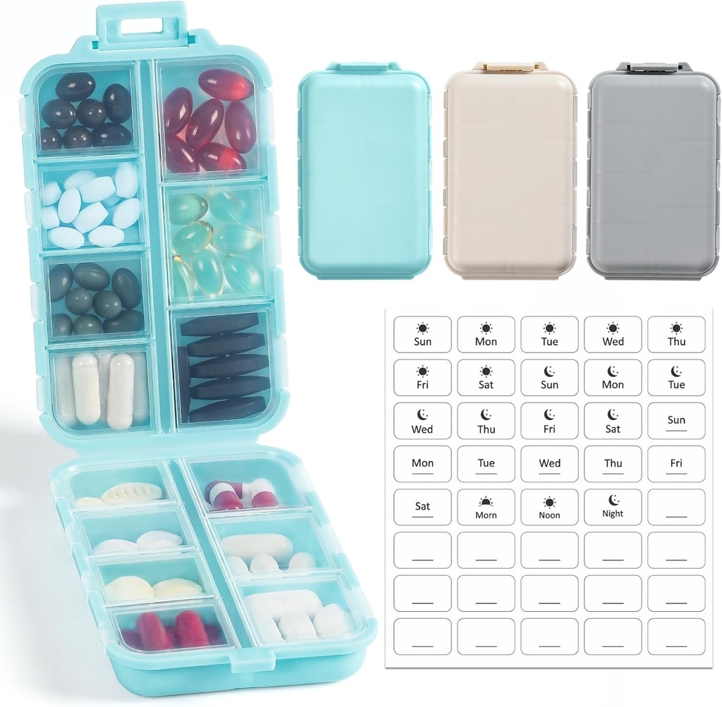 3 Pack, 14 GRIDS Travel Pill Organizer Box med etiketter - Travel Medicine Case Kit - Pocket Daily Pharmacy Container - Travel Medication Holder Dispenser för Fish Oil Vitamin Supplement Storage