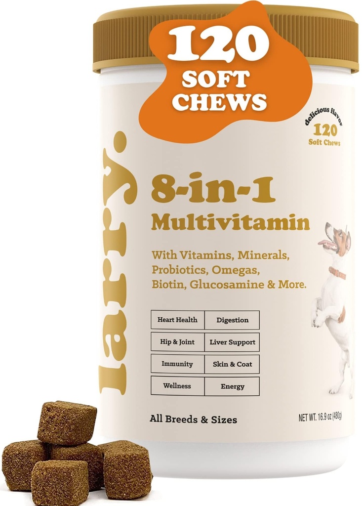 8-i-1 Multivitamin Dog Supplement av Larry | Hjärta, Digestion, Liver, Skin, Coat och Joint Support Supplement för hundar | med vitaminer, mineraler, Omegas och Glucosamine Chondroitin | 120 Mjuka Chews