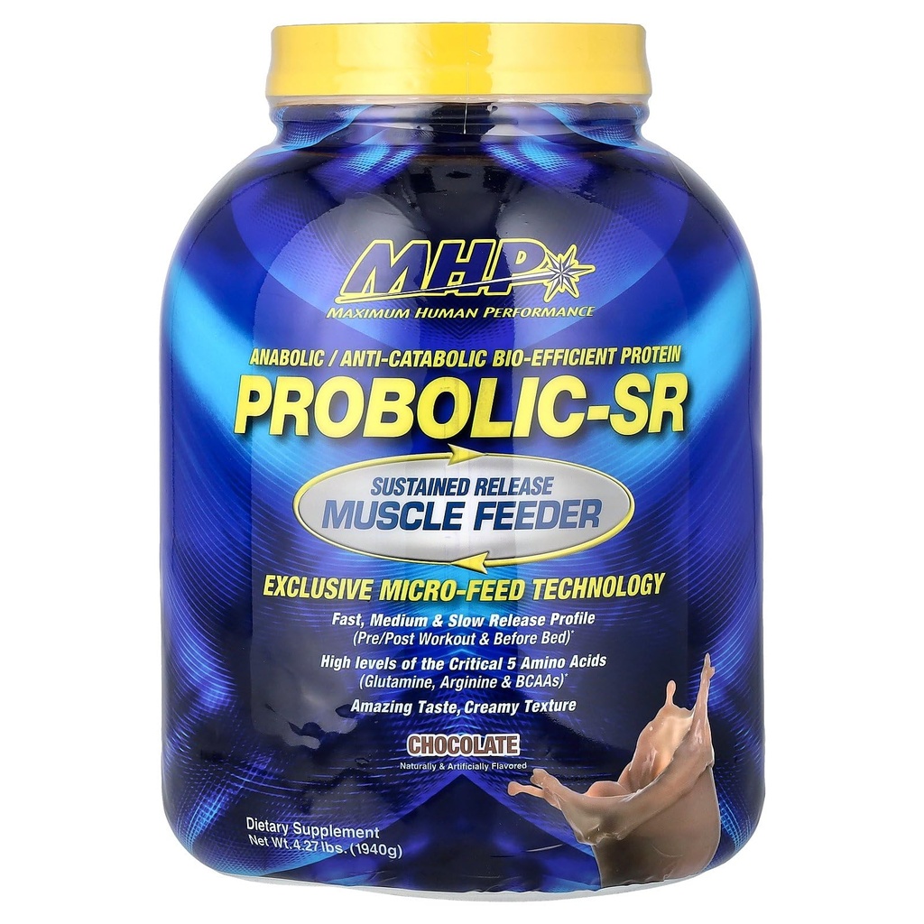 Maximal mänsklig prestanda Probolic-SR Sustained Release Protein Powder, 24g Protein, BCAAs, Glutamine, Arginine, Pre-Workout, Post-Workout, Nighttime Protein, 4lbs, 52 portioner, Chocolate