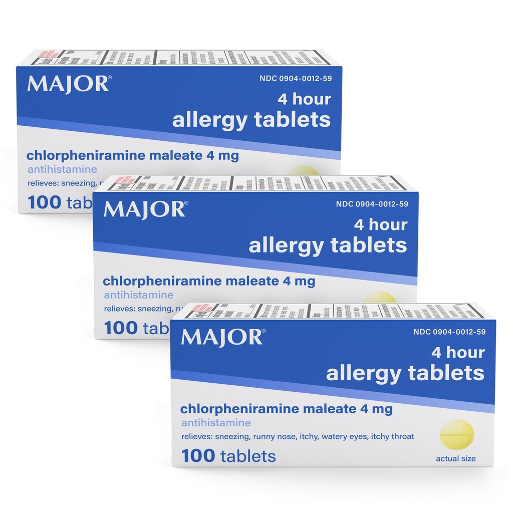 MAJOR 4 Mg allergi tabletter - klorfeniramin Maleate 4-timmars allergimedicin - Antihistamin för lindring av Sneezing, Itchy Watery Eyes, Itchy Throat och Runny Nose - 100 Count (3 Pack)