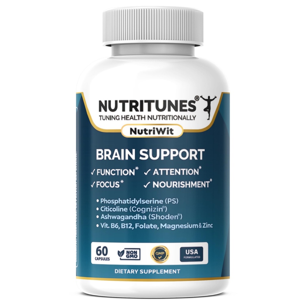 Brain Health Supplement-Memory, Focus & Brain Nourishment Support med Cognizin Citicoline, Phosphatidylserine, Shoden Ashwagandha, B Vitamins, Magnesium & Zink-60 NutriWit Capsules