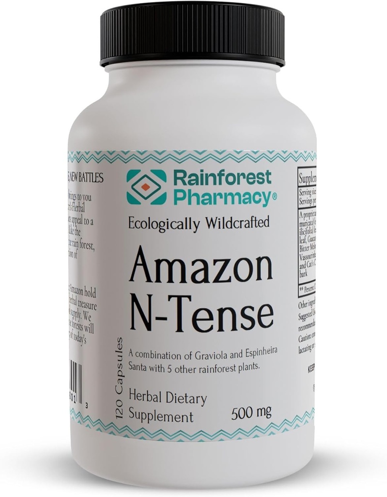 Rainforest Pharmacy N-Tense Soursop Graviola Capsules 500mg | Wildcrafted Graviola Plus 7 Rainforest Herbs för att stödja normal cellulär hälsa | 120 vegetariska kapslar