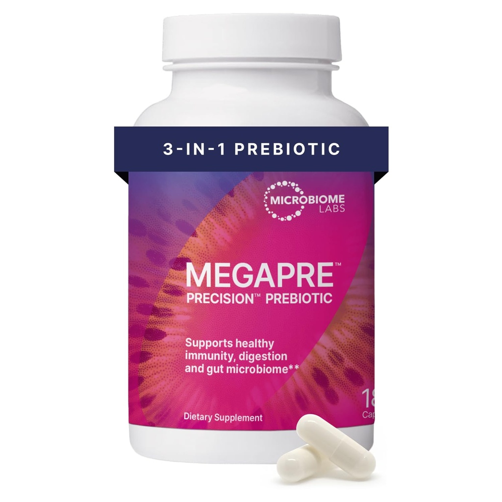 Microbiome Labs MegaPre Prebiotic Fiber Supplement i vegetabiliska kapslar - Prebiotiska tillskott med kliniskt testade oligosackarider - Stöd Microbial Diversity & Gut Health (180 kapslar)